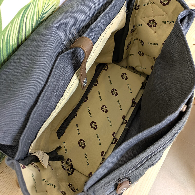 cartella tracolla in tessuto di canapa con tasche