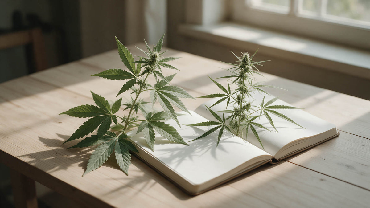 Due rametti di canapa con foglie larghe e foglie sottili su un tavolo di legno accanto a un quaderno da botanico