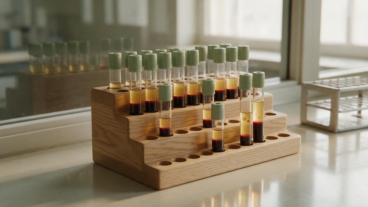Provette di sangue in un portaprovette di legno su un bancone di laboratorio, analisi del THC nel sangue
